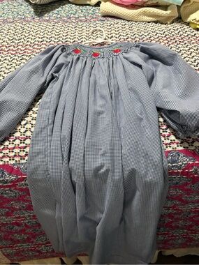 mine Blue Gingham Smocked Dress with Strawberry Motif